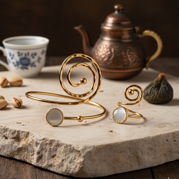 🆕️Stunning Luxurious Turkish Artisan 18K Gold Plated Spiral Ring Bracelet Set - Picture 7 of 9